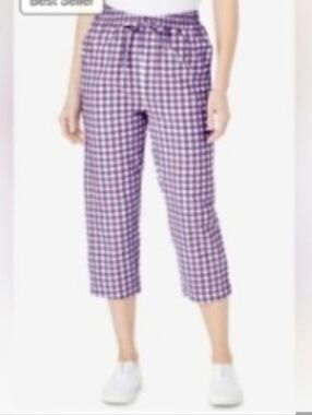 #32W Woman Within 3pc Capri Pants Purple Gingham Women's Cropped Pants